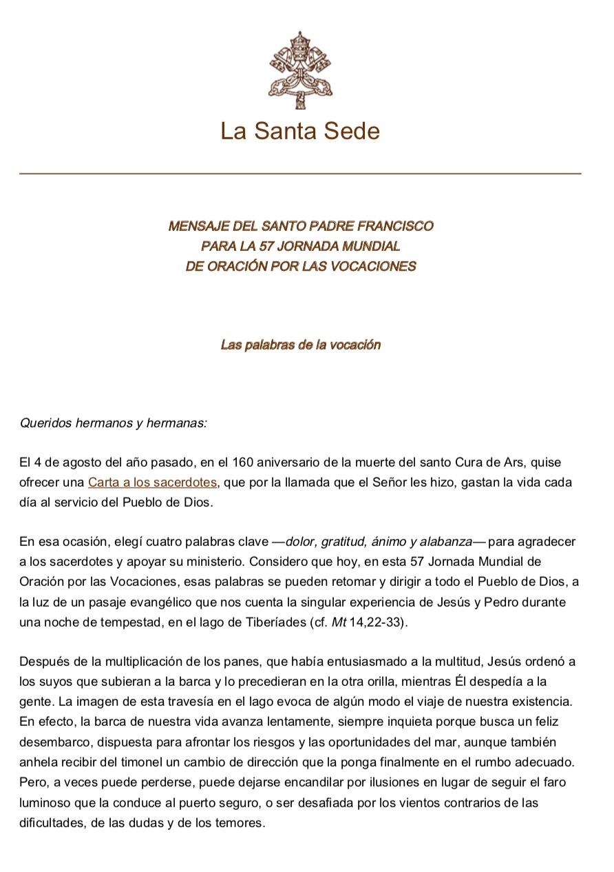 Mensaje del Papa Francisco en la 57 Jornada mundial de oración por las vocaciones